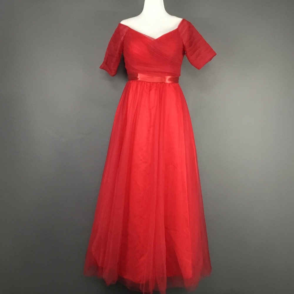 Evening Formal Gown Dress Womens 12 Red Off Shoulder Lace-Up Back Tulle Prom